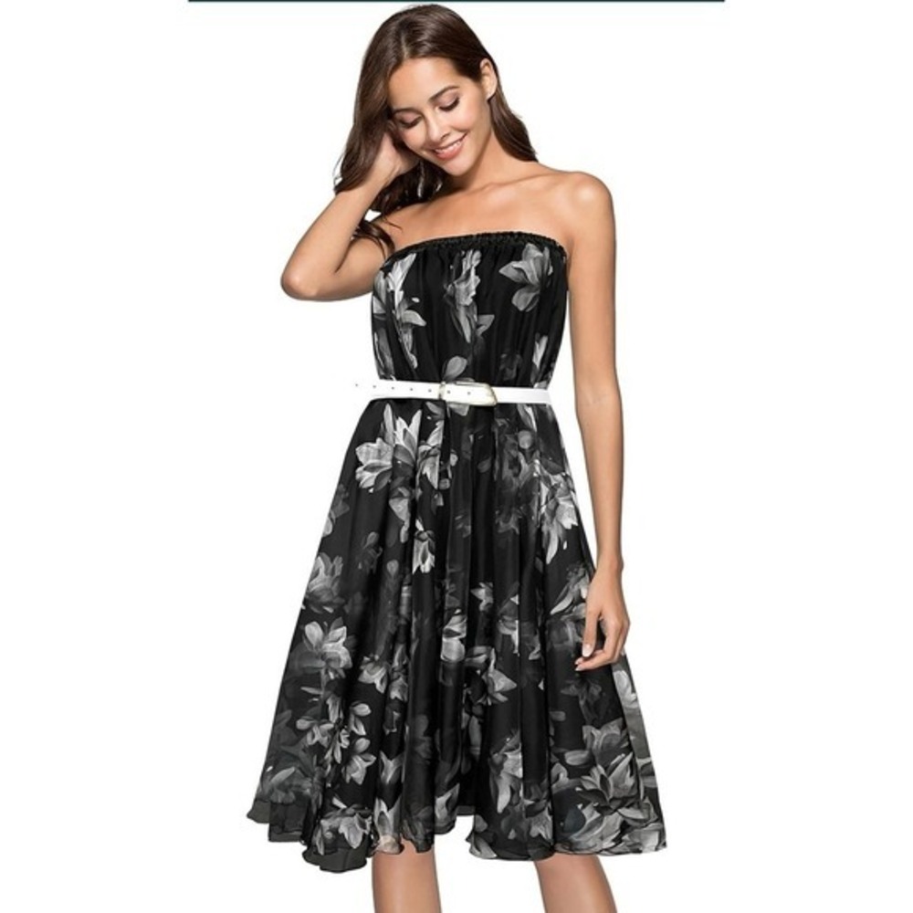 Floral Maxi Skirt Strapless Midi Dress Black White Chiffon Elastic Waist Small